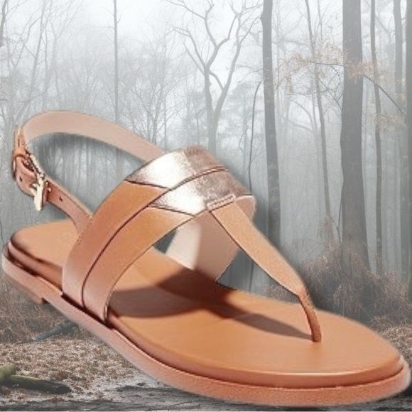 Cole Haan ‘Ainsley Grand T-Strap Sandals’ in Tan & Gold Metallic Leather Size 7 - Picture 1 of 16